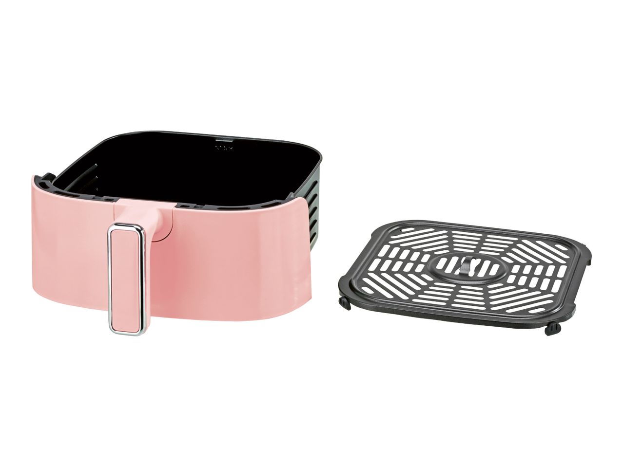 Pink air fryer with a removable black cooking rack on a white background.