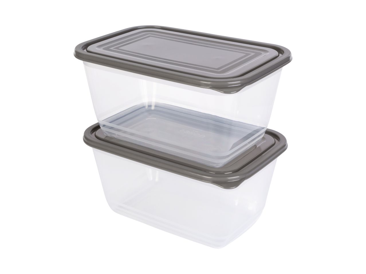 To gennemsigtige plastikopbevaringsbokse med grå låg stablet oven på hinanden.
