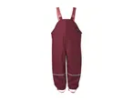 Maroon waterproof dungarees with pink straps and reflective strips