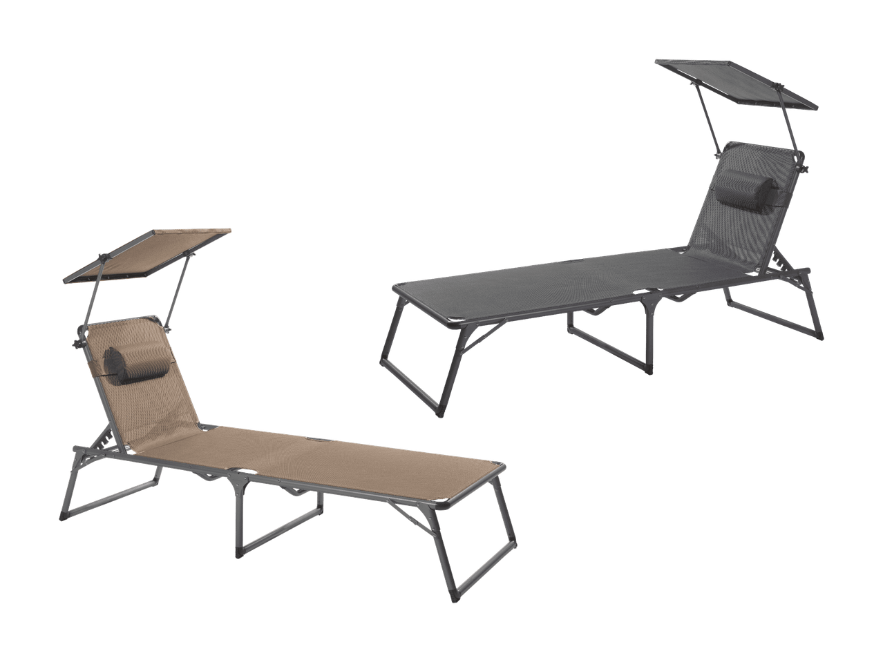 Zwei Sonnenliegen mit verstellbaren Rückenlehnen und Sonnendächern, eine in Beige, die andere in Grau.