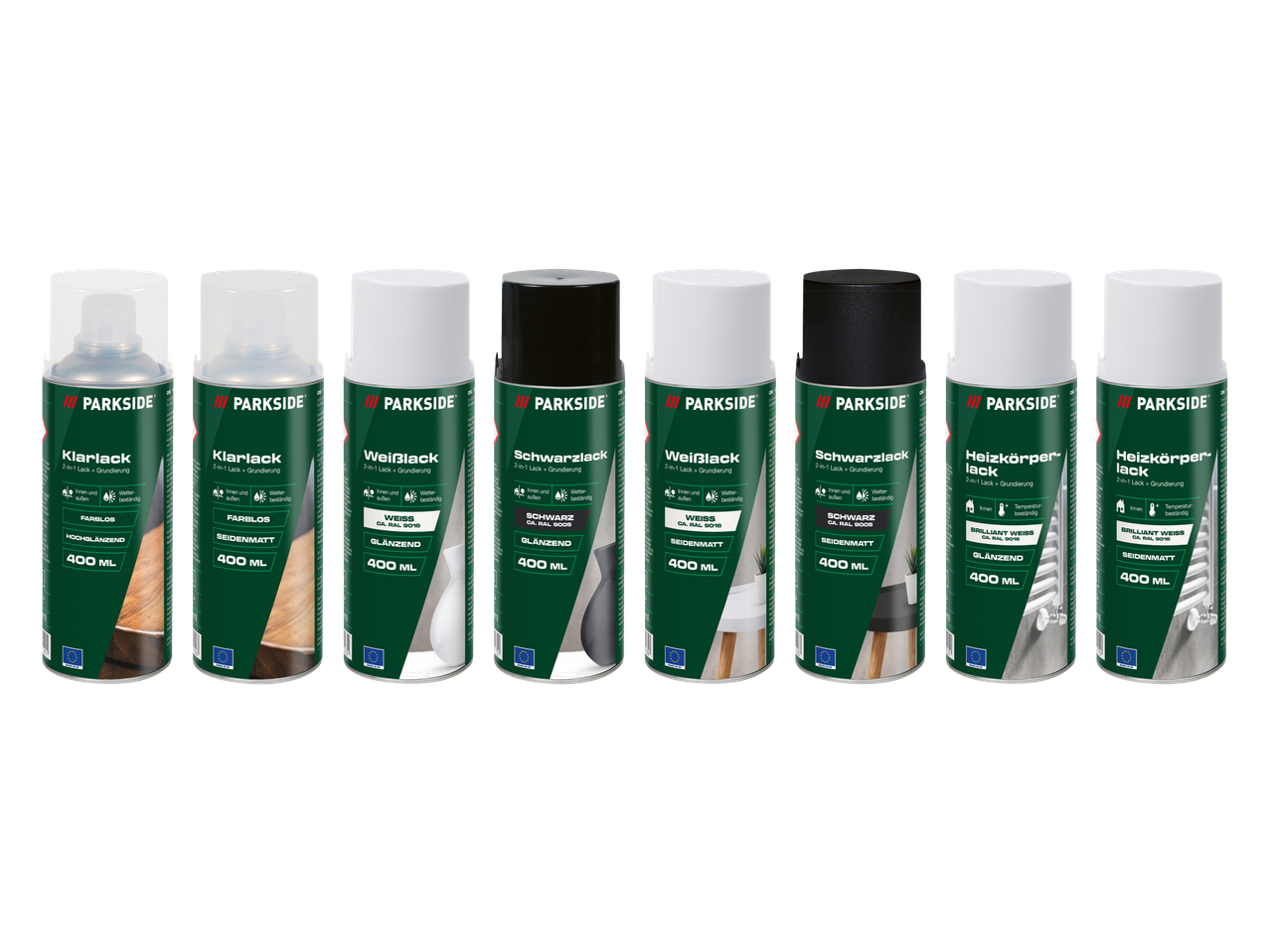 Sprays PARKSIDE Klarlack, Weißlack, Schwarzlack e Heizkörperlack em vários acabamentos.