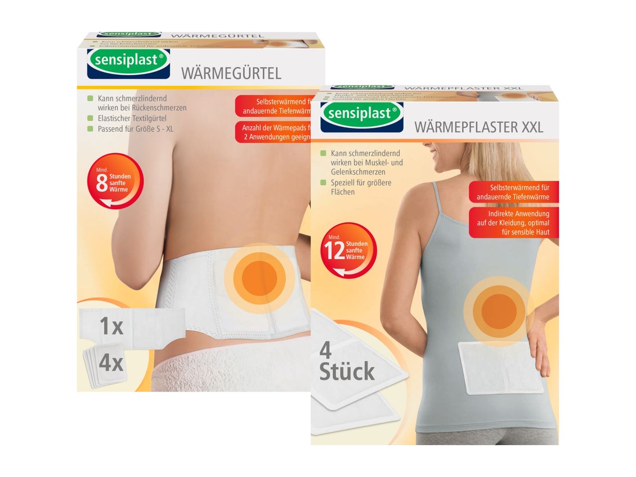 Sensiplast Wärmegürtel und XXL-Wärmepflaster für Muskel- und Gelenkschmerzen.