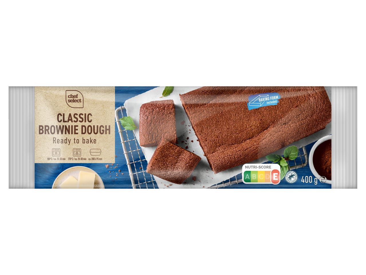 Chef Select Classic Brownie Dough, gatava cepšanai, 400g iepakojums ar cepšanas formu.