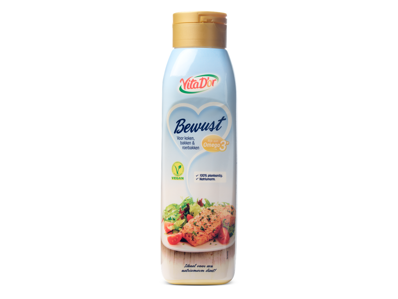 Vita D'or Bewust vloeibare margarine, rijk aan Omega 3, 100% plantaardig en vegan.