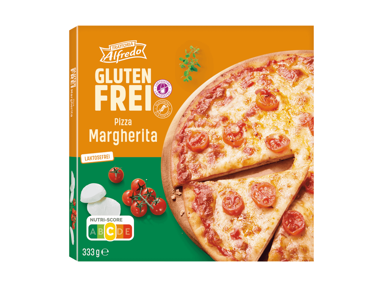 Gluten- und laktosefreie Pizza Margherita mit Nutri-Score C, 333g.