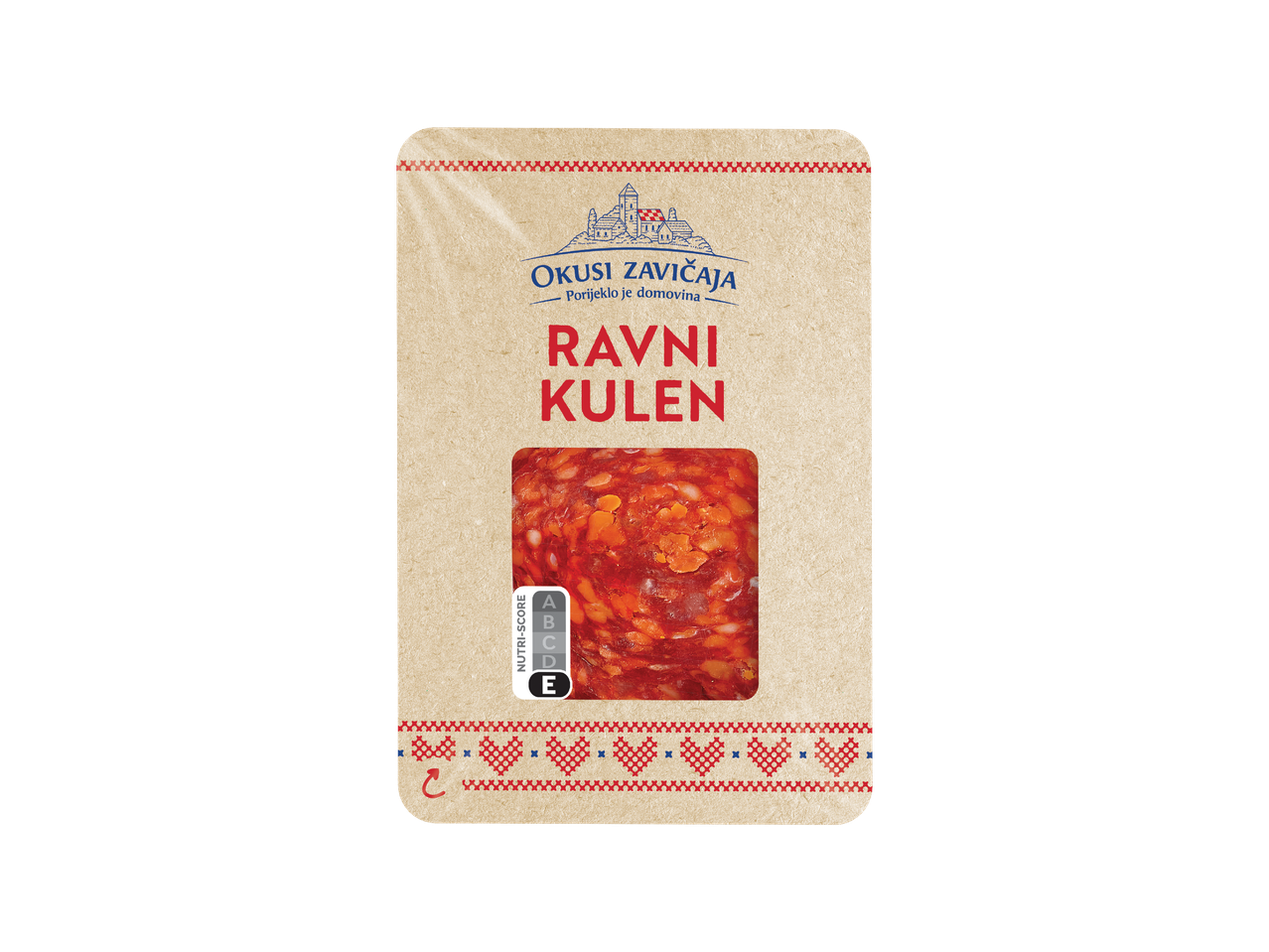 Pakiranje Okusi Zavičaja Ravni Kulen s Nutri-Score E oznakom.