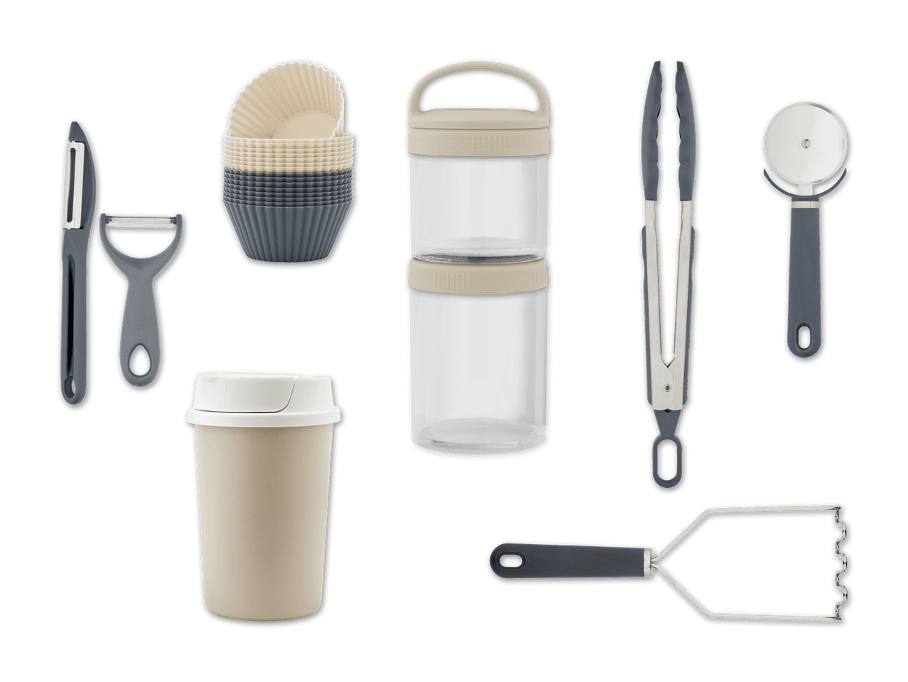 Küchenhelfer-Set mit Aufbewahrungsbehältern und Grillzubehör.