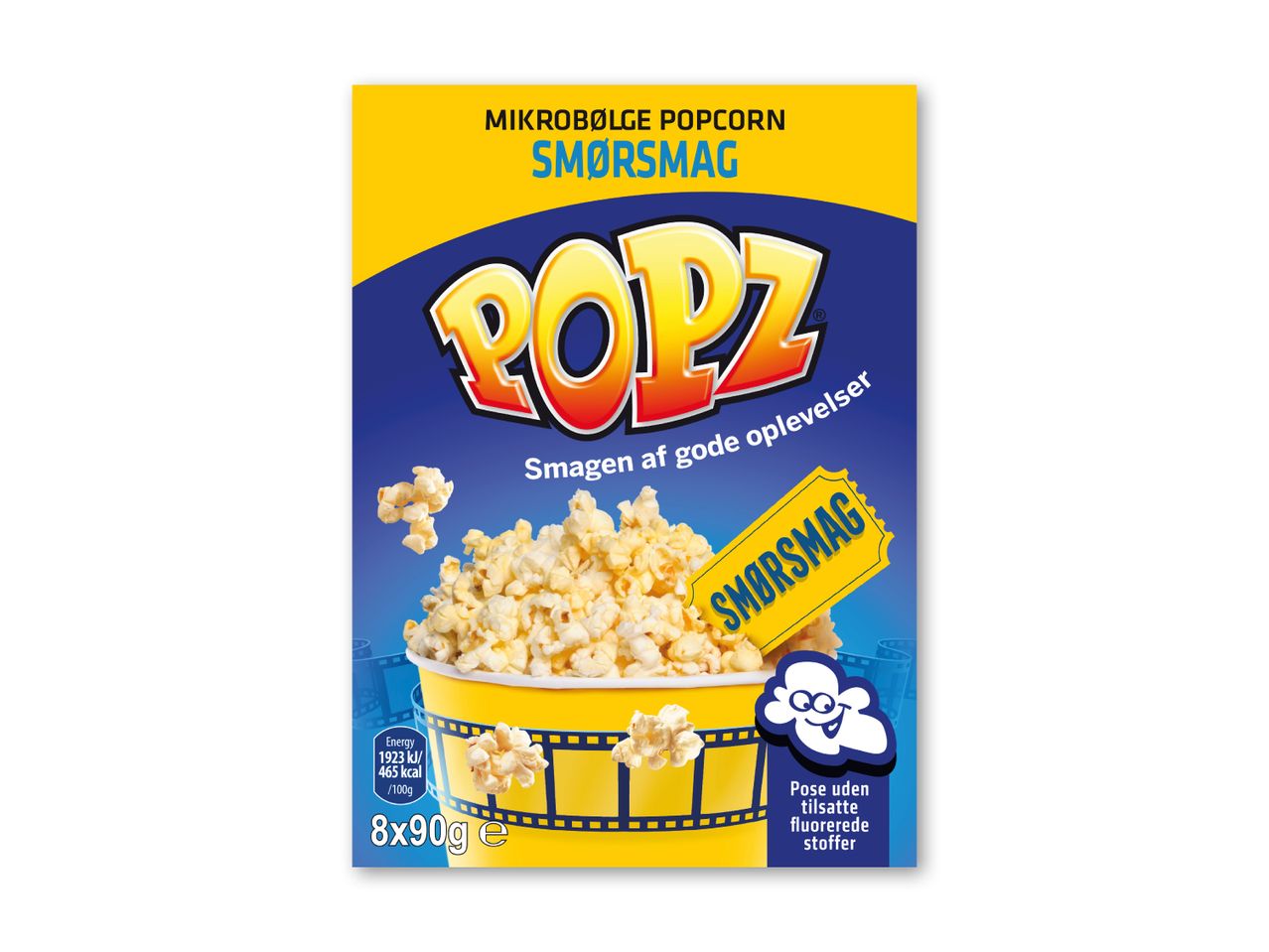 Pakke med mikrobølgepopcorn med smørsmag, der lover gode oplevelser.