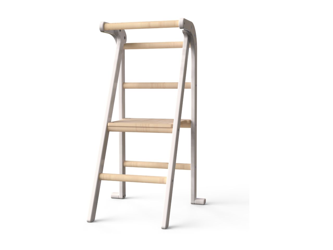 Wooden learning tower with white frame and natural wood steps and platform