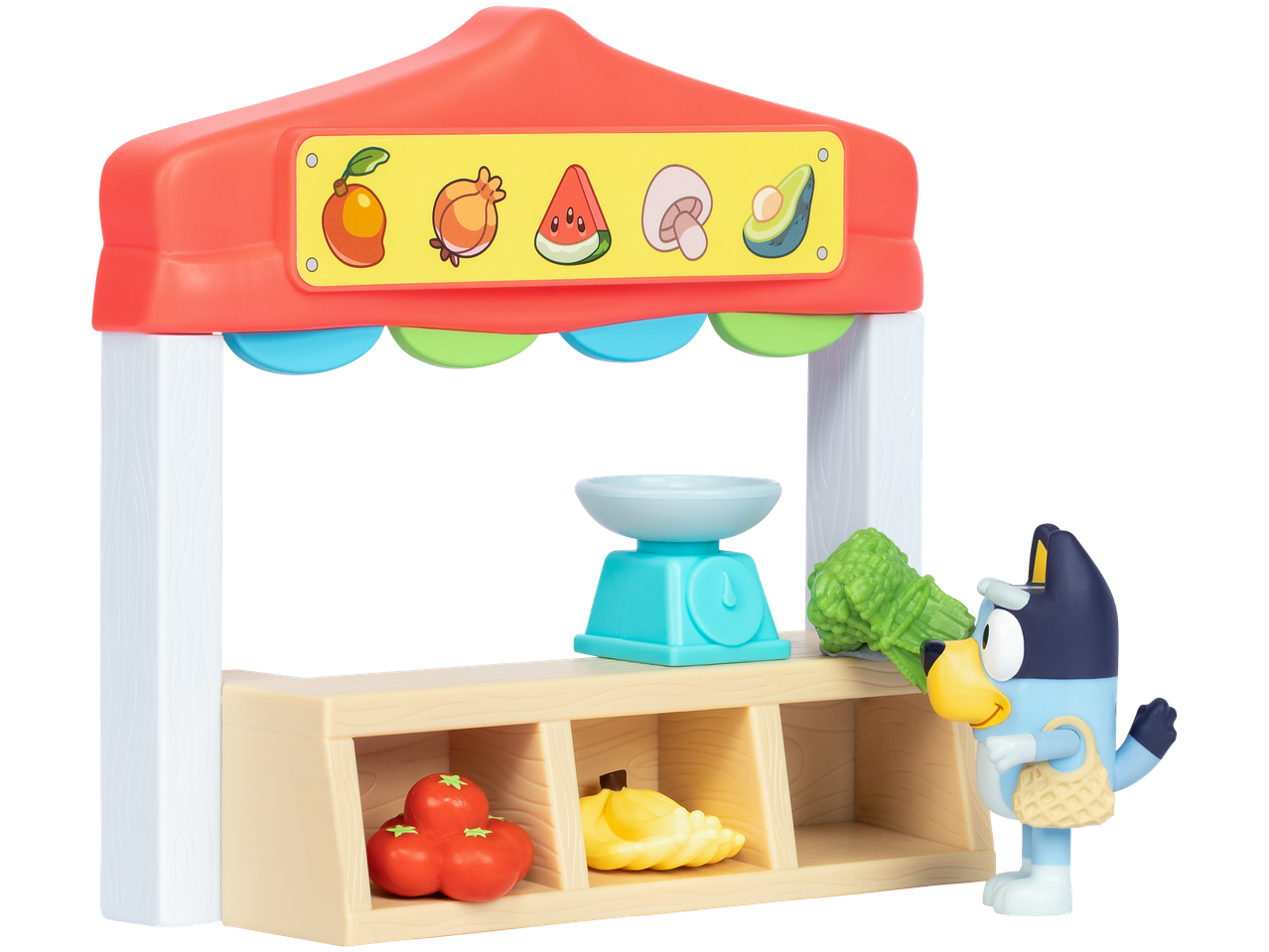 Bluey žaislinis turgus su vaisiais, daržovėmis ir svarstyklėmis.