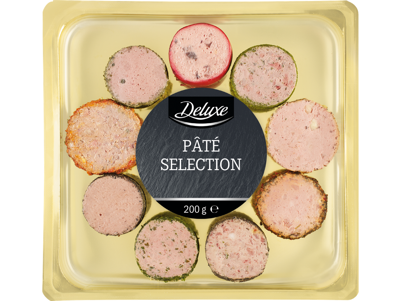 En förpackning med åtta runda patébitar i olika smaker, med texten 'Pâté Selection'.