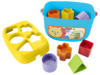 Fisher-Price activity toy with a blue bucket, yellow shape-sorter lid, and colorful shape blocks.