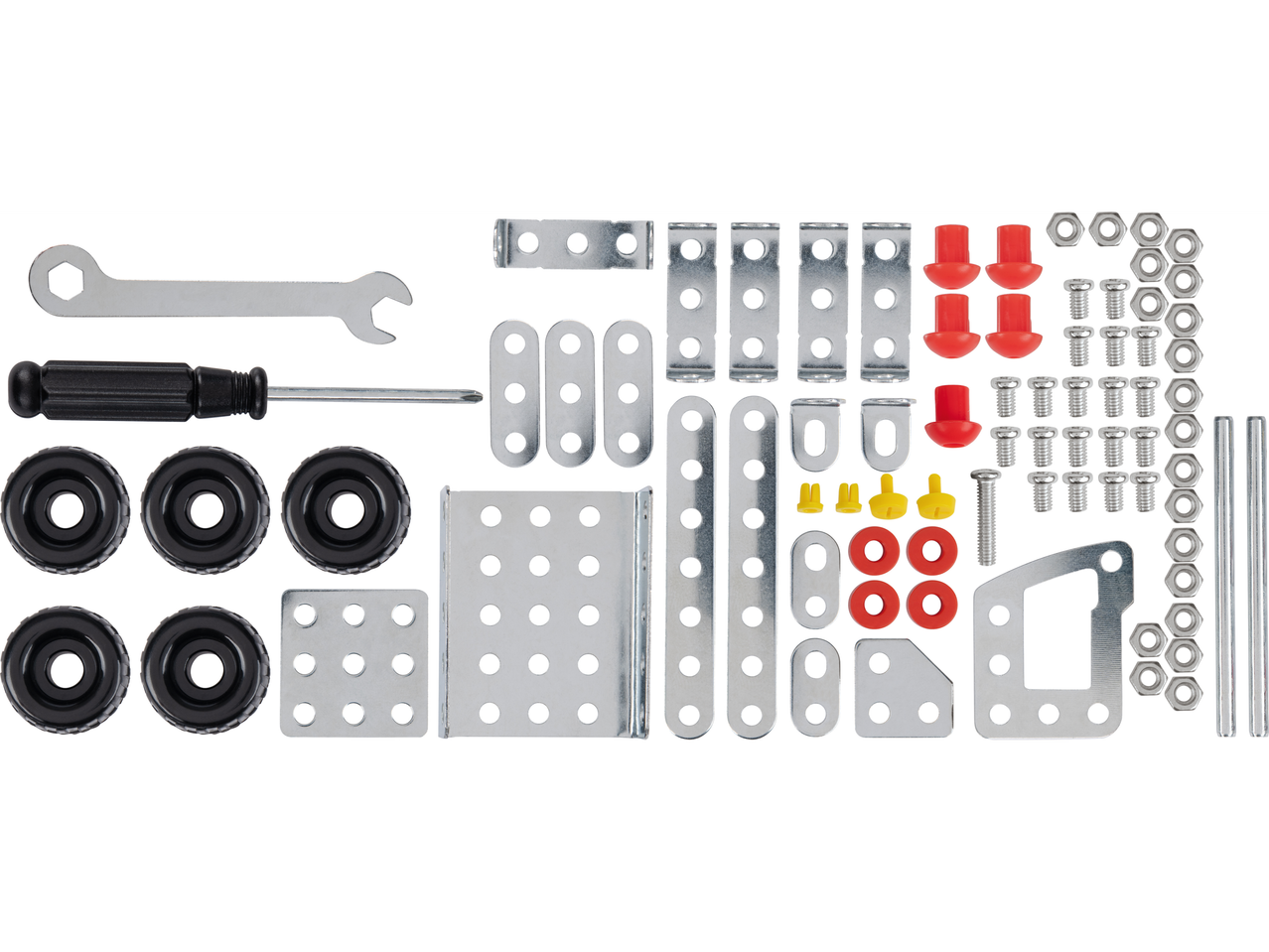 Kit de construção de metal com ferramentas e peças.
