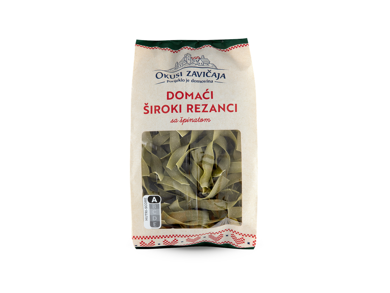 Pakiranje domaćih širokih rezanaca sa špinatom marke Okusi Zavičaja s Nutri-Score oznakom A.