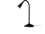 Livarno Asztali LED-olvasólámpa: Candeeiro de mesa LED preto e curvo com luz acesa.