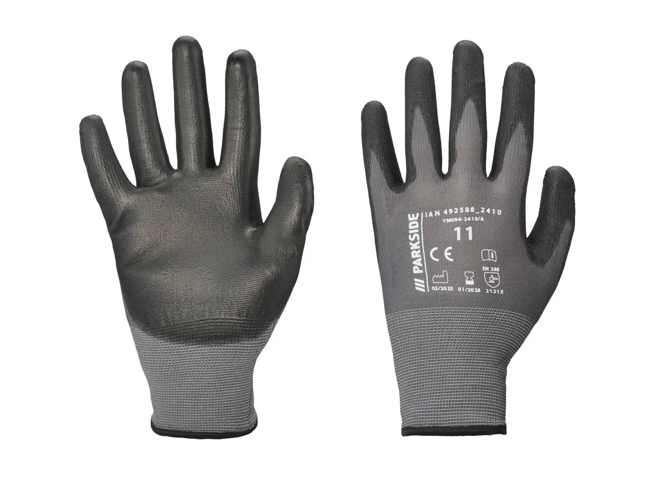Two gray and black work gloves, one showing the palm and the other the back with branding.