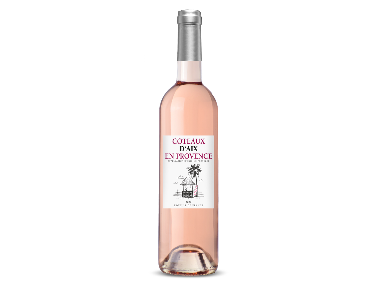 Fles Côteau d'Aix en Provence rosé wijn met een label met strandthema.