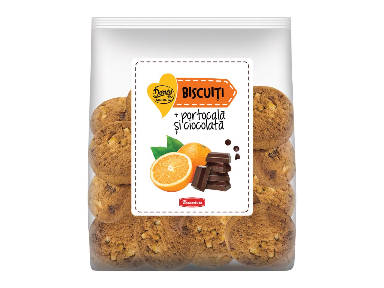 Pachet de biscuiți cu portocală și ciocolată.