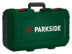 Πράσινη εργαλειοθήκη Parkside με κόκκινο κούμπωμα και μαύρη λαβή.
