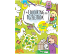 Colouring and puzzle book with 128 colourful pages, featuring children, animals, and mazes.