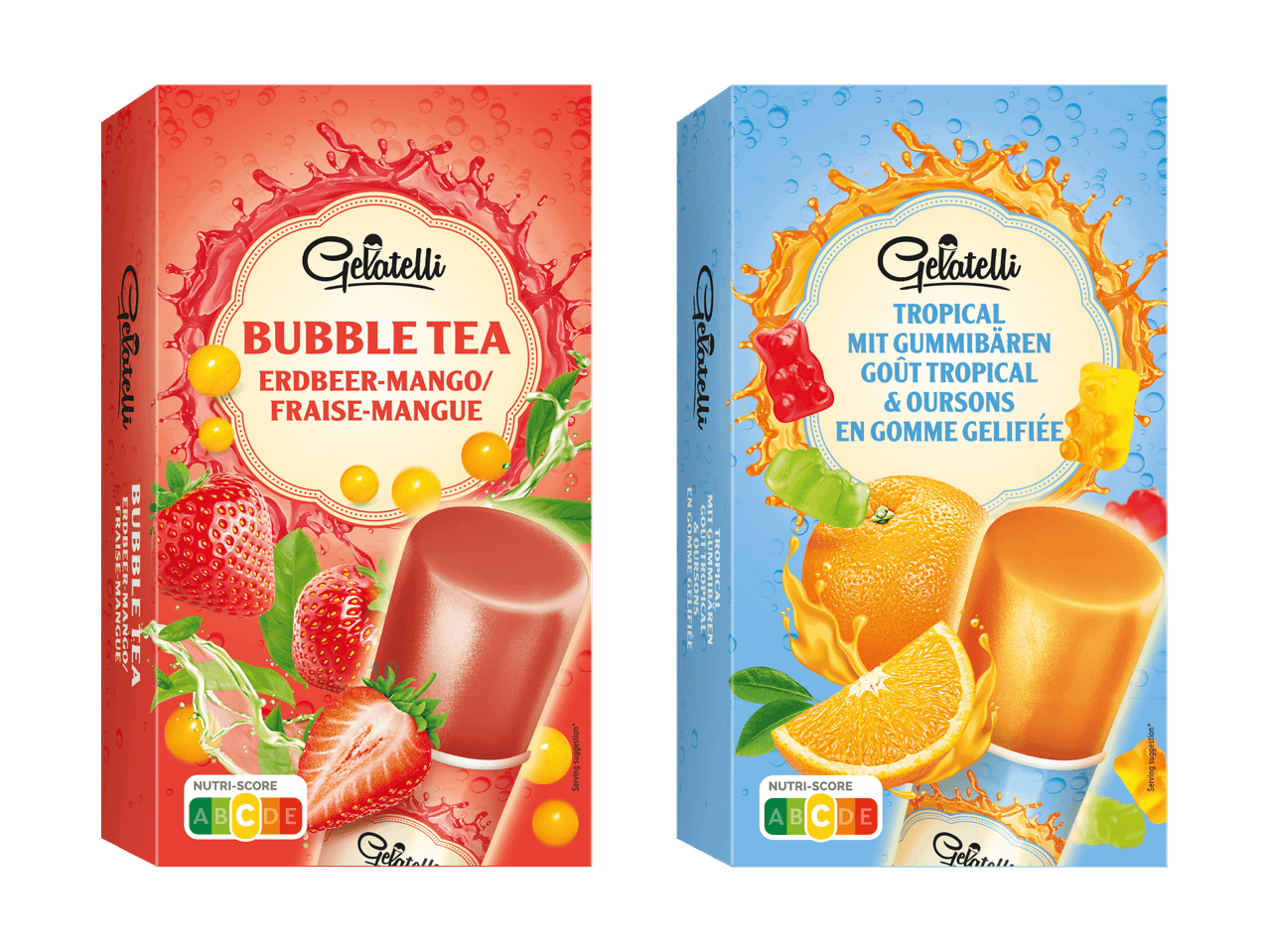 Zwei Gelatelli-Eispackungen: eine mit Bubble Tea Erdbeer-Mango-Geschmack und eine tropische mit Gummibärchen.