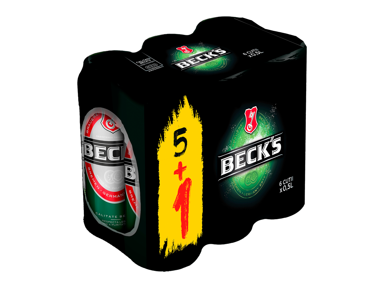 Un set de șase doze de bere Beck's cu ofertă promoțională 5+1.