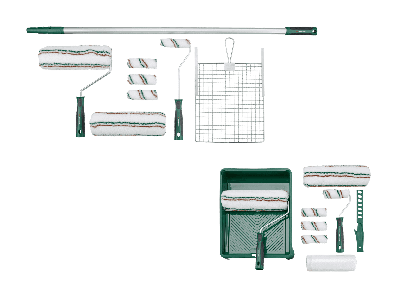 Set di rulli per pittura con manico telescopico, rulli di diverse dimensioni e vaschetta.