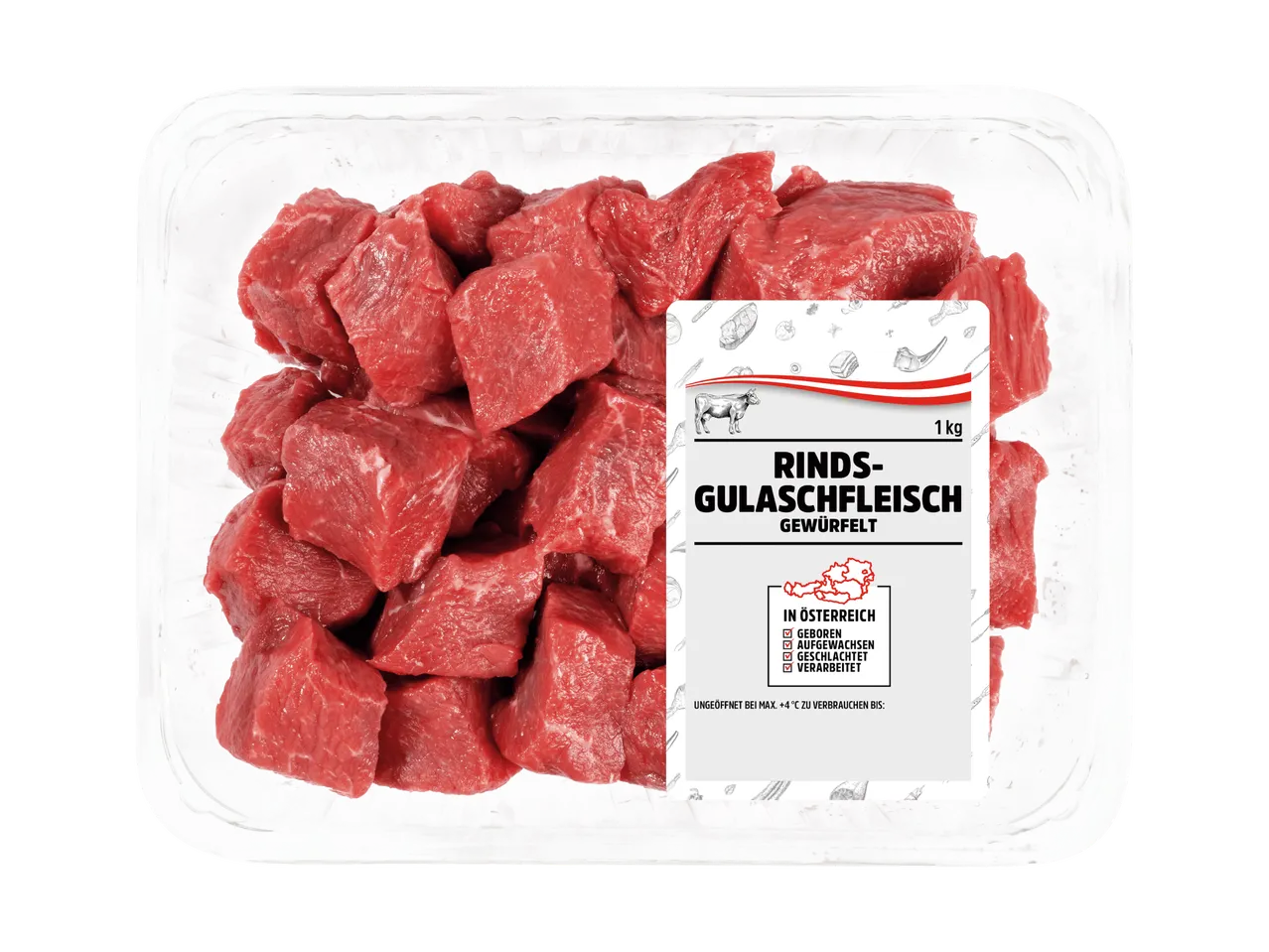 Verpacktes Rindergulaschfleisch, gewürfelt, 1 kg, mit Herkunftsangaben aus Österreich.