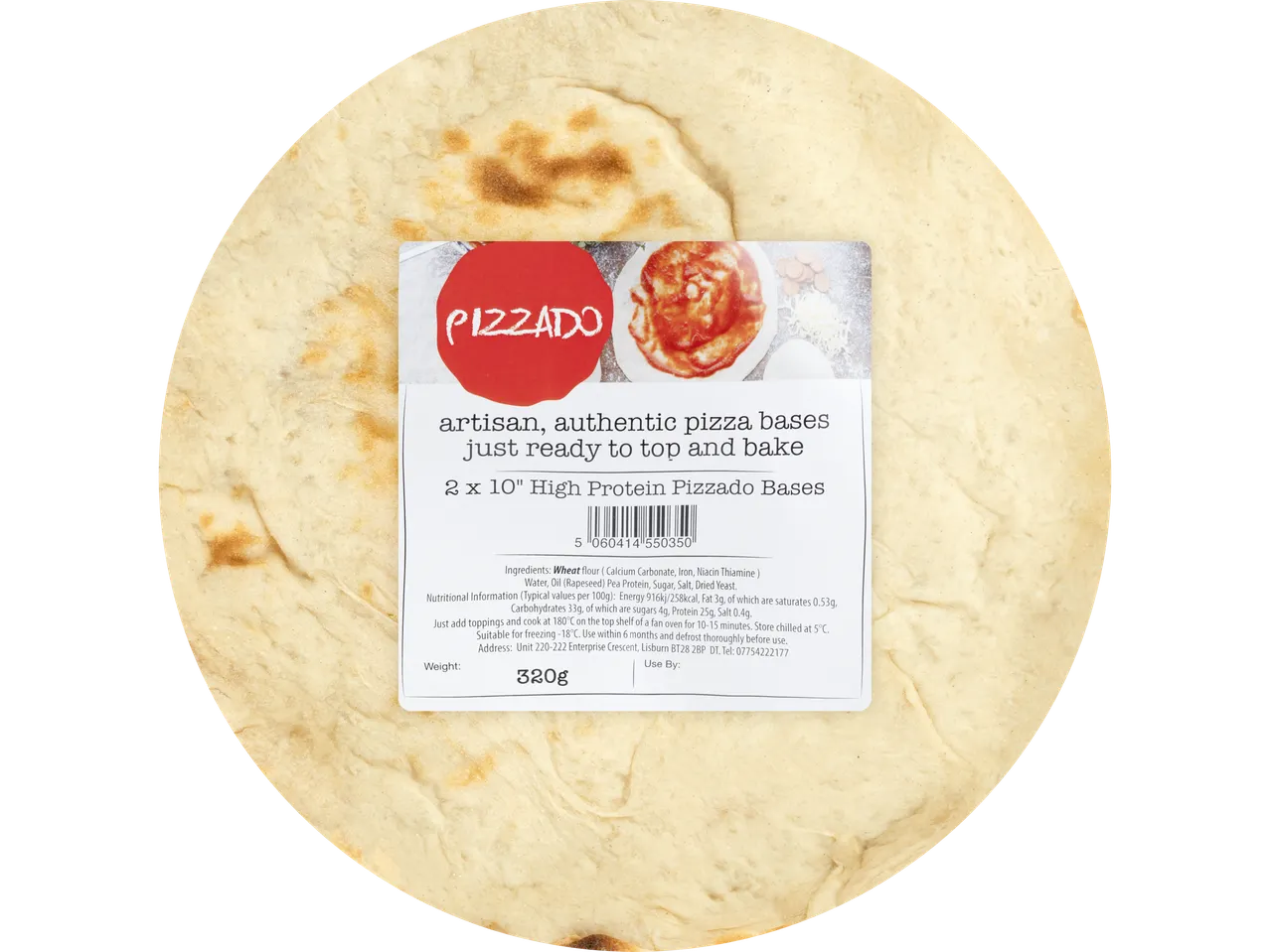 Pizzado artisan high protein pizza bases with nutritional information.