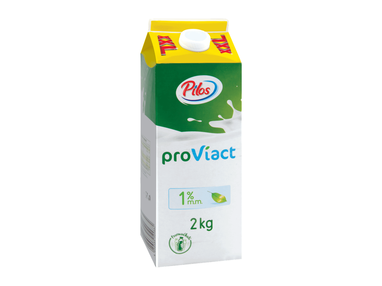 Karton mleka sa zelenim i žutim dizajnom, natpisom 'proViact' i 1% m.m., 2kg.