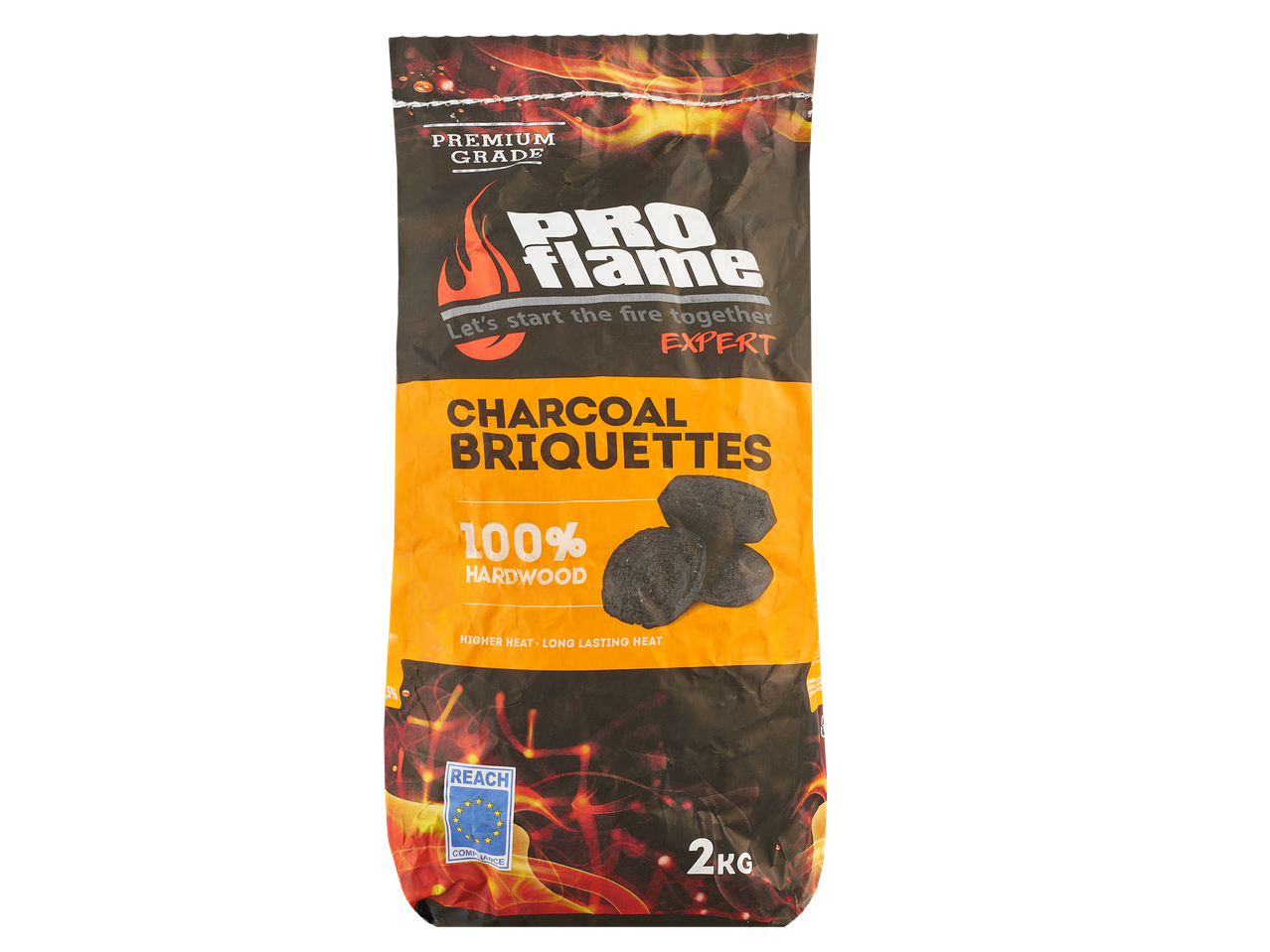 Maišelis „Proflame“ medžio anglies briketų, pagamintų iš 100 % kietmedžio, 2 kg.