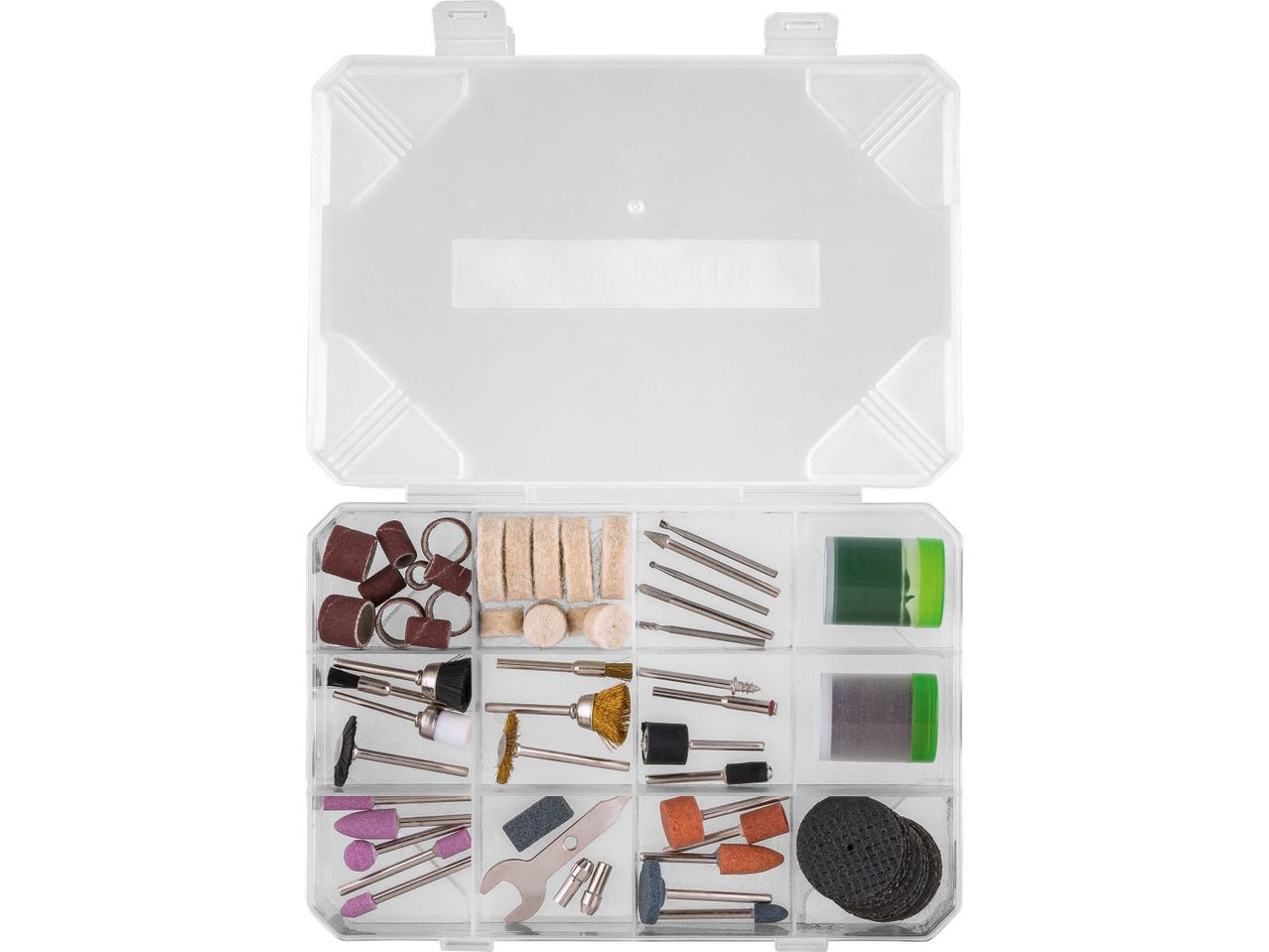 A clear plastic case filled with various rotary tool accessories, including sanding bands, polishing felts, grinding bits, brushes, and cutting discs.