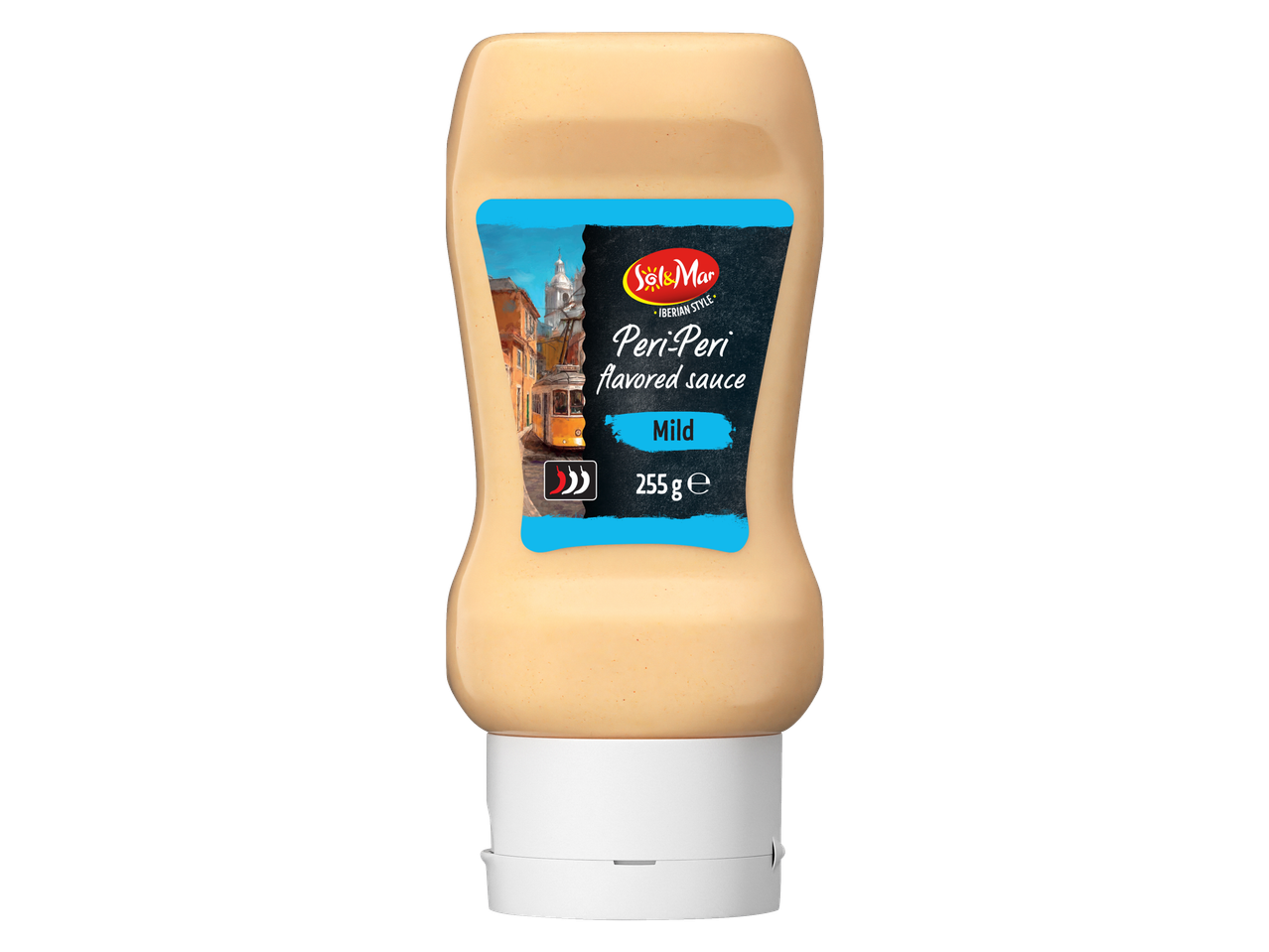 Sol&Mar Peri-Peri saus, mild, 255g, met een Iberisch etiket met een tram.