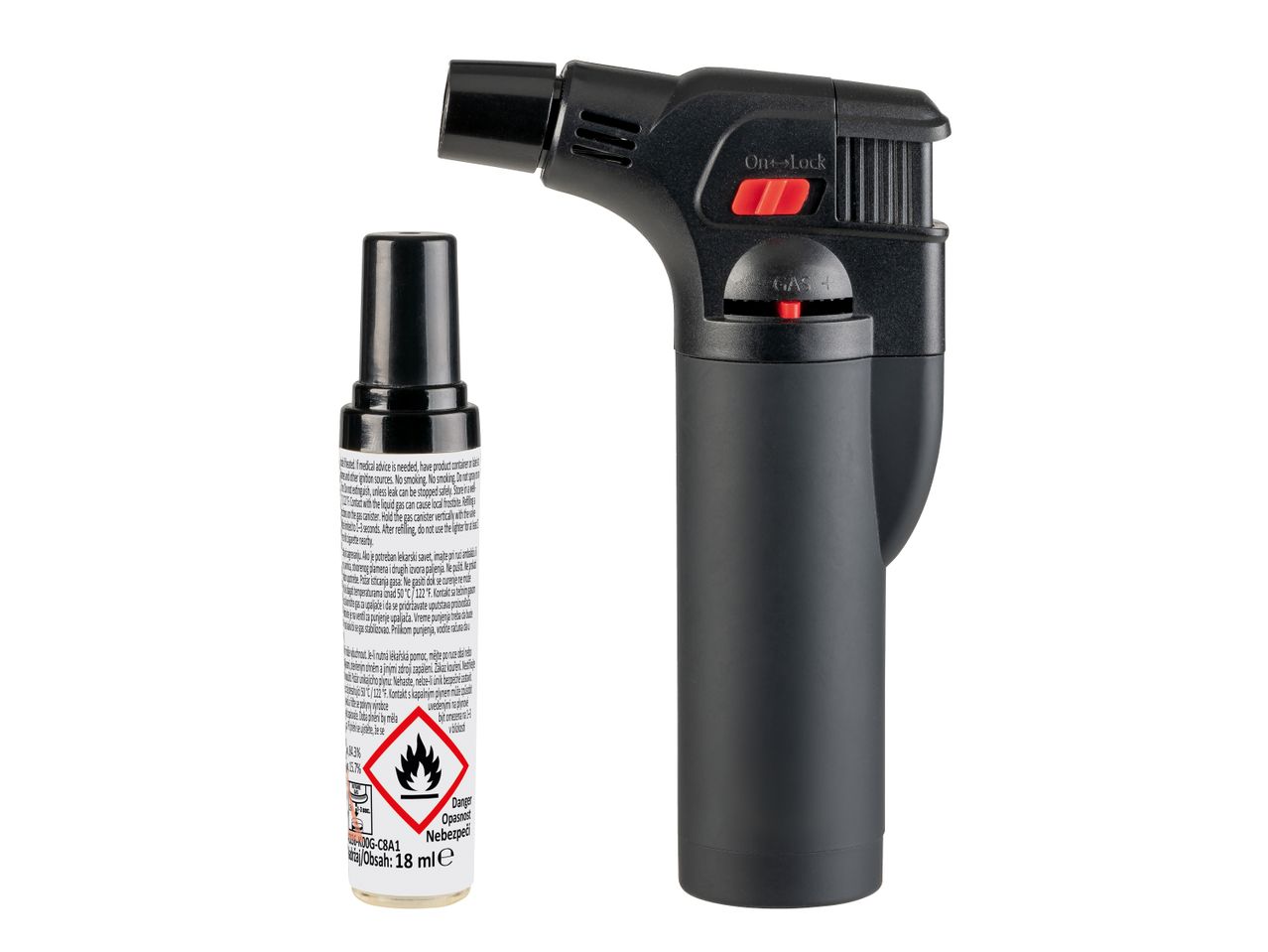 Schwarzer Gasbrenner mit rotem Schalter und eine kleine Flasche Gas zum Nachfüllen.