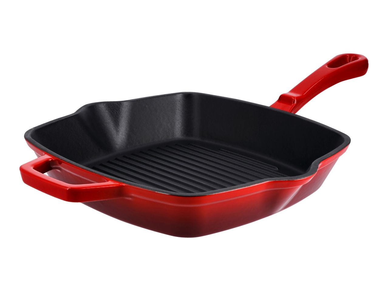 Red cast iron grill pan with a black interior and ribbed cooking surface.