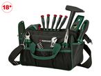 Tool bag with various hand tools including screwdrivers, hammer, level, and pliers.