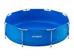 Blue octagonal above-ground swimming pool with a white metal frame, empty and ready for use.