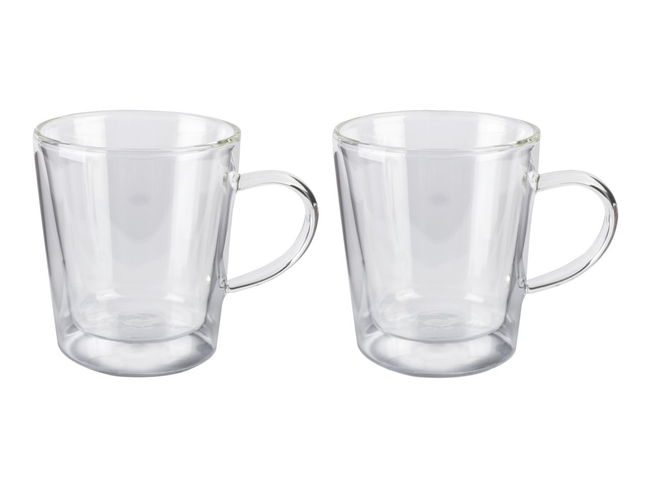 Two clear glass mugs with handles.