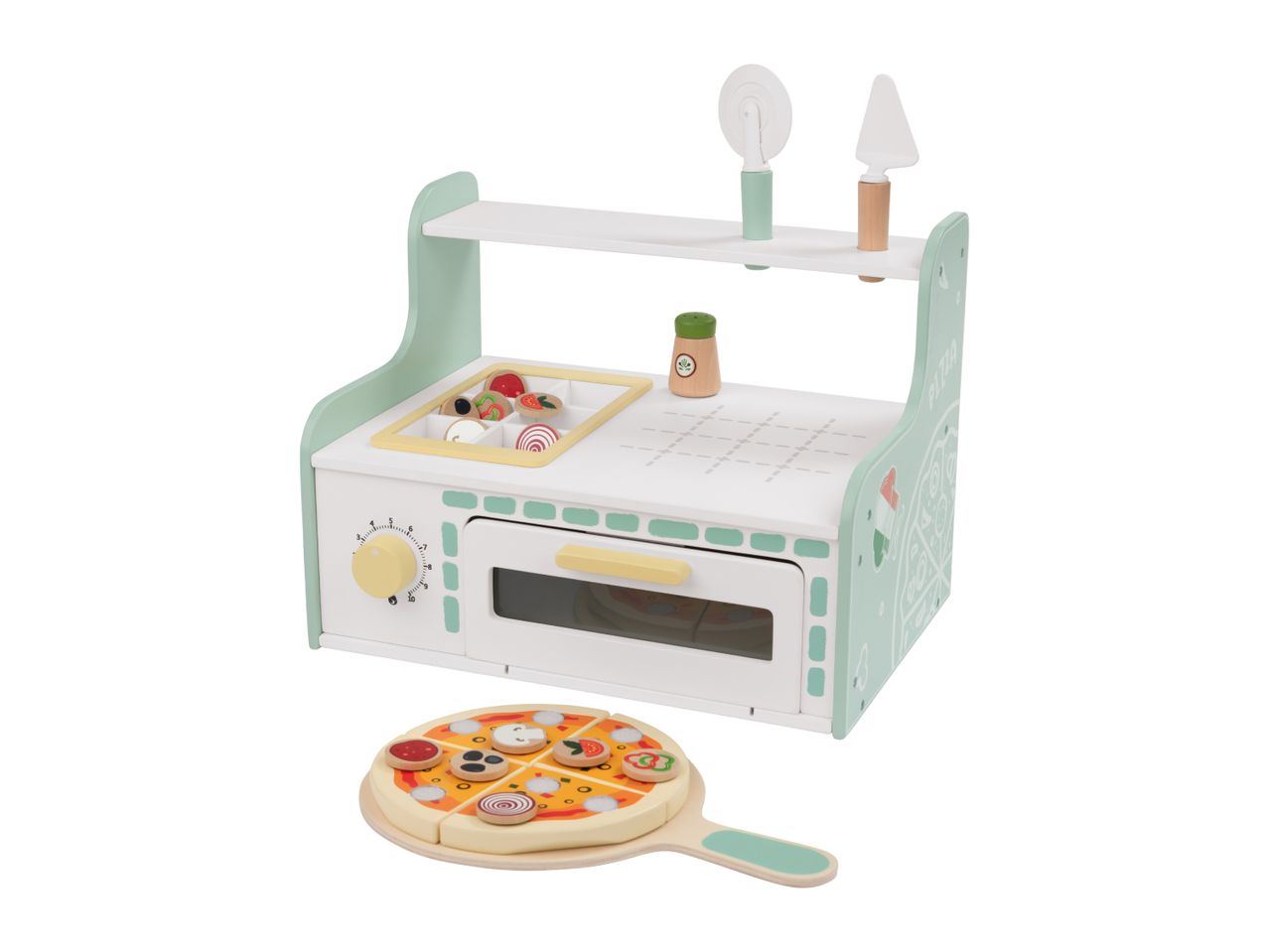 Wooden toy pizza oven with accessories and a pizza with toppings.