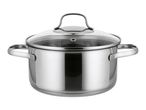 Stainless steel cooking pot with a glass lid and two handles on a white background.