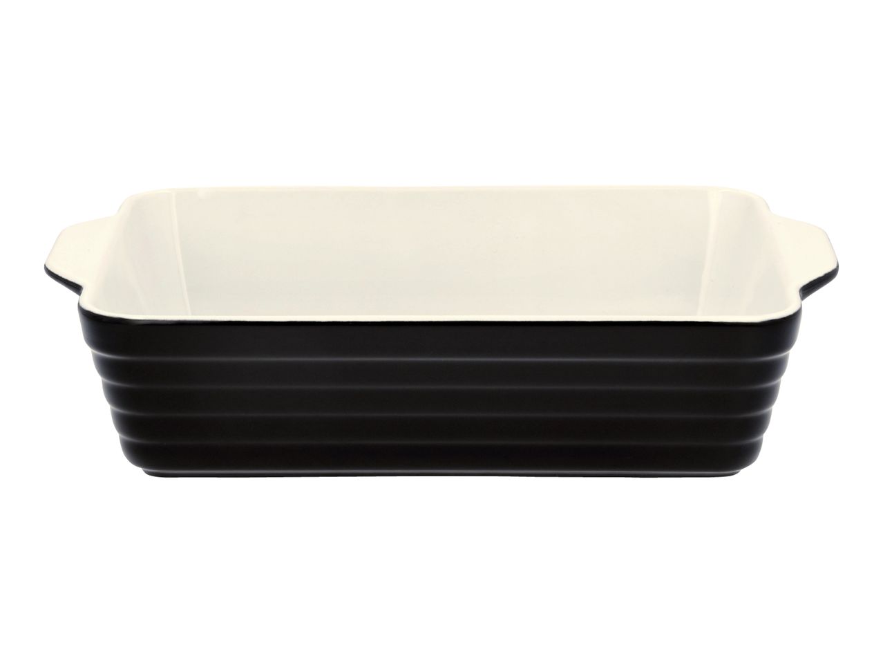 Black and white rectangular ceramic baking dish with ribbed sides.