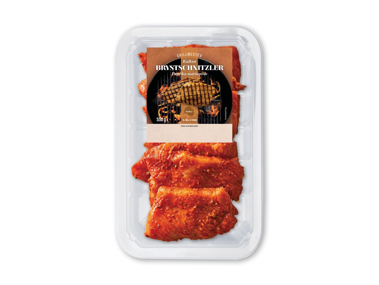 Kalkunbrystschnitzler paprika-marinerede i en pakke, klar til grill og pande.