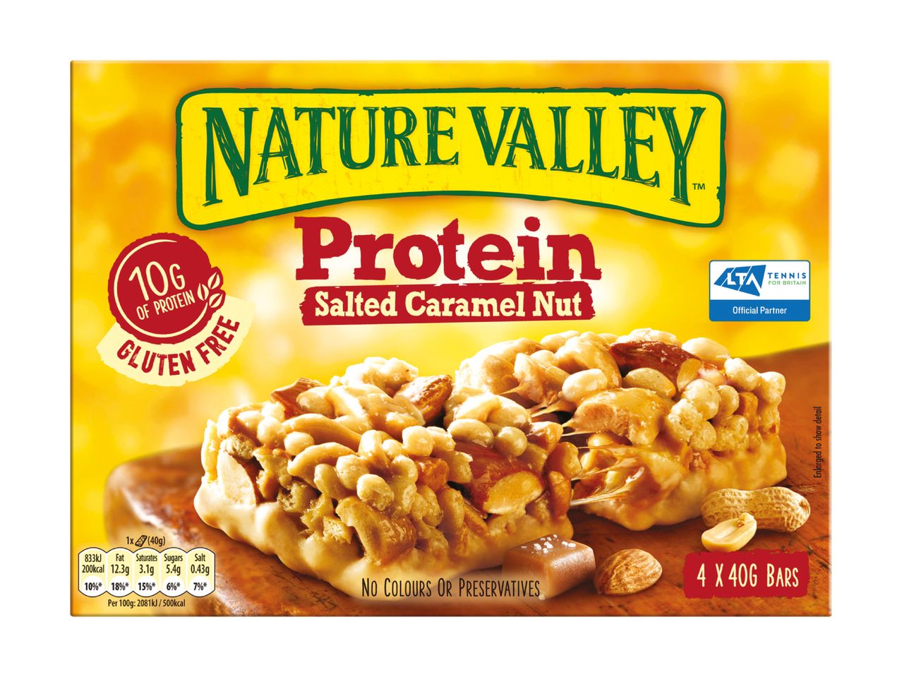 Nature Valley Protein Salted Caramel Nut bars: 4 x 40g gluten-free bars, 10g protein per bar.