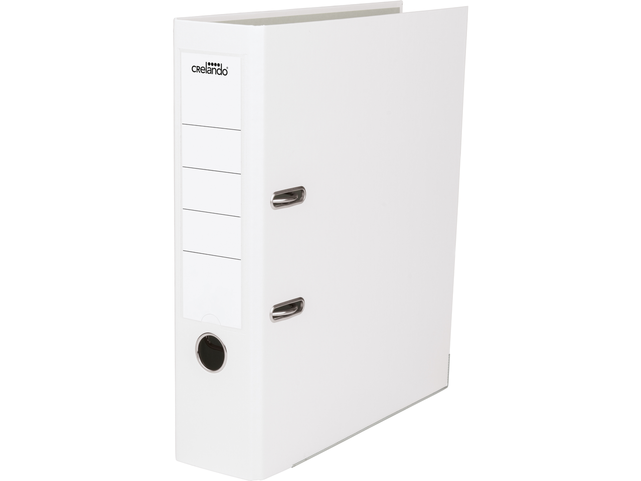 Crelando A4 Lever Arch File in white, with a label area and finger hole.