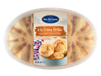 Crème Brûlée flavour ice cream in a tub, with a label showing scoops of ice cream.