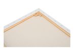 Back view of a stretched canvas with wooden frame and corner keys, showing staples securing the canvas.