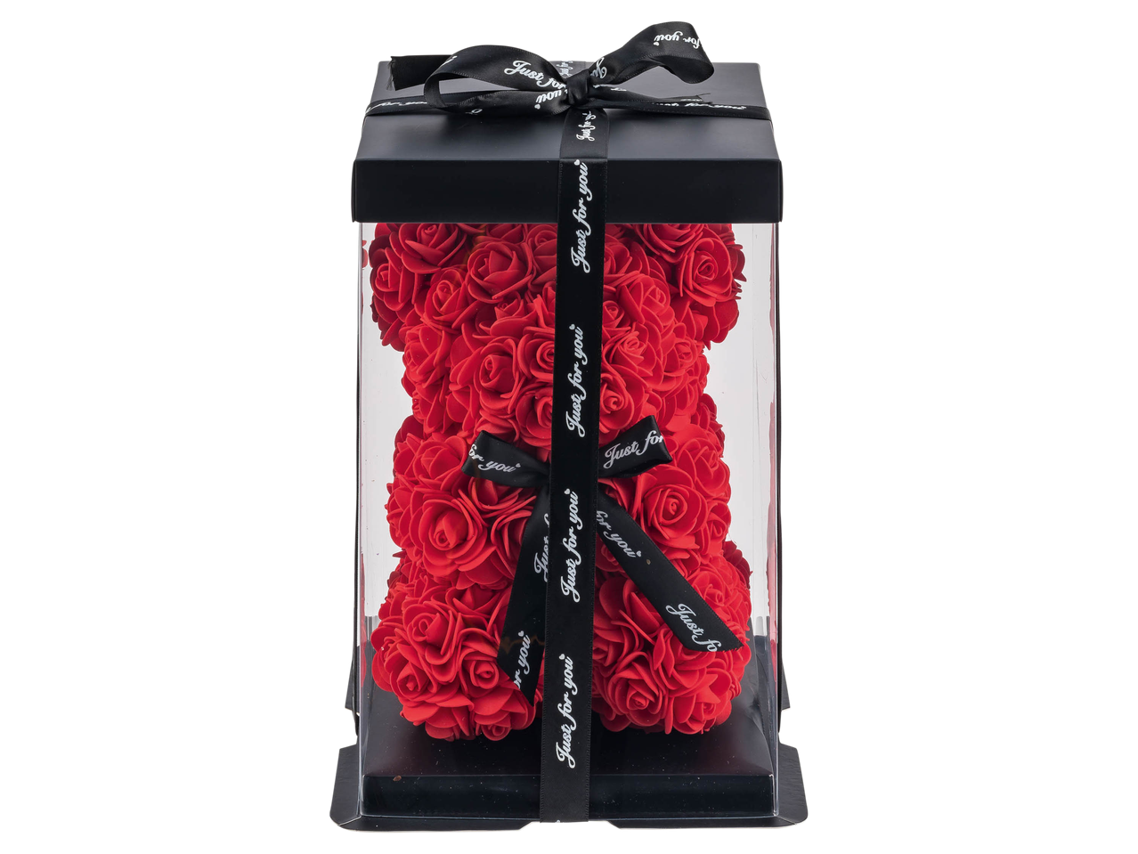 Red rose bear in a clear gift box with a black ribbon that says 'Just for you'