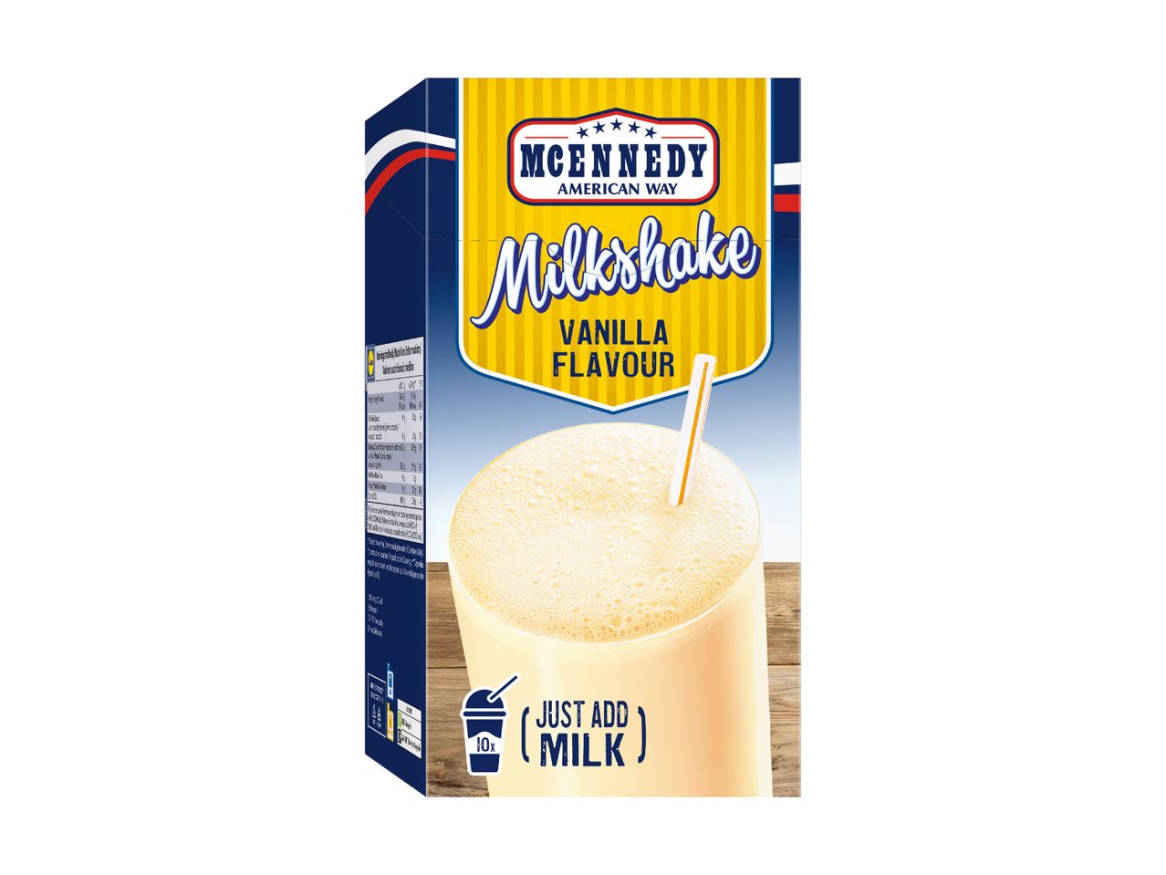Vanilla milkshake powder box with a glass of prepared milkshake and a straw.
