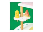 Wooden toy food set with a yellow hot dog and a watermelon slice on a white stand.
