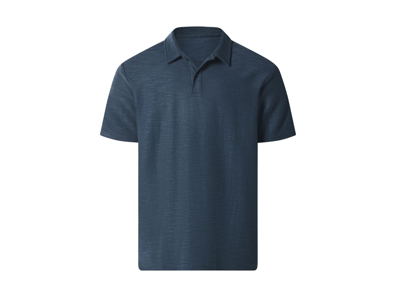 Dark blue men's polo shirt with short sleeves and a collar.